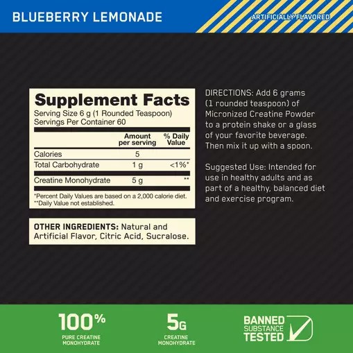 Optimum Nutrition Micronized Creatine Powder Blueberry Lemonade 0.79 lb (60 Servings) | 849750-AVI