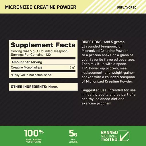 Optimum Nutrition Micronized Creatine Powder Unflavored 1.32 lb (120 Servings) | 625890-UJT