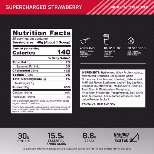 Optimum Nutrition PLATINUM HYDROWHEY™ Supercharged Strawberry 1.76 lb (20 Servings) | 051473-WFQ