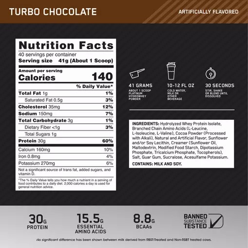 Optimum Nutrition PLATINUM HYDROWHEY™ Turbo Chocolate 3.61 lb (40 Servings) | 984270-SEA