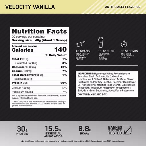 Optimum Nutrition PLATINUM HYDROWHEY™ Velocity Vanilla 1.76 lb (20 Servings) | 534170-GIE