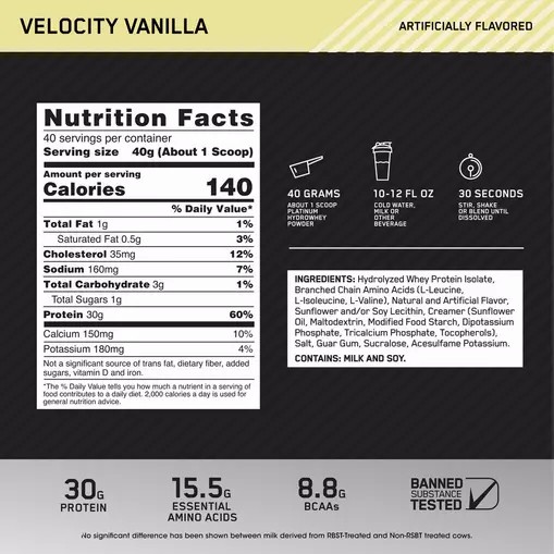 Optimum Nutrition PLATINUM HYDROWHEY™ Velocity Vanilla 3.52 lb (40 Servings) | 017482-VWU