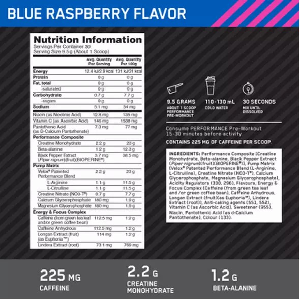 Optimum Nutrition Performance Pre-Workout Blue Raspberry 285g | 820794-OIF