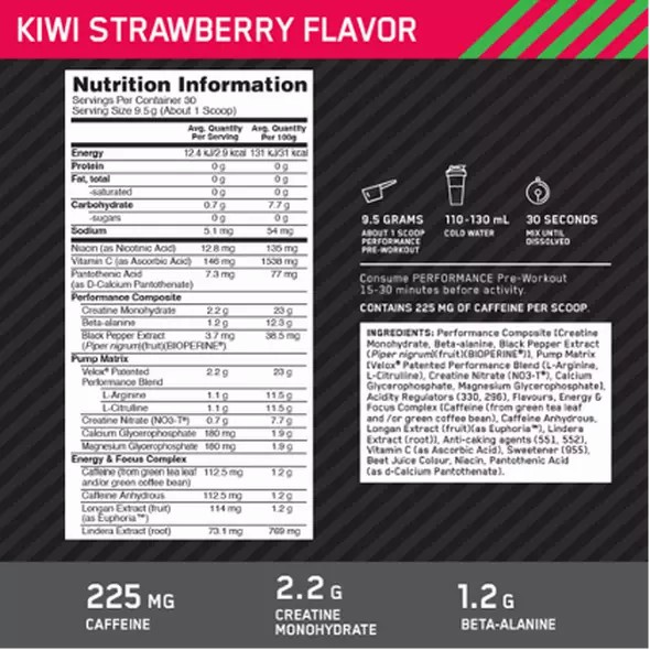 Optimum Nutrition Performance Pre-Workout Kiwi Strawberry 285g | 845107-XJN