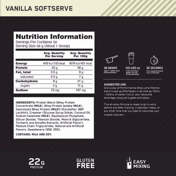 Optimum Nutrition Performance Whey Vanilla 1.95kg | 280165-ACP