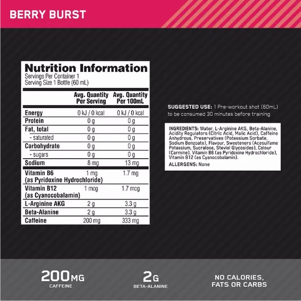 Optimum Nutrition Pure Pre 200 Pre-Workout Shot Berry 60ml (12 shots) | 472038-VOK