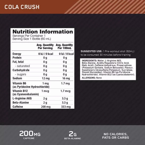 Optimum Nutrition Pure Pre 200 Pre-Workout Shot Cola 60ml (12 shots) | 473812-HTN