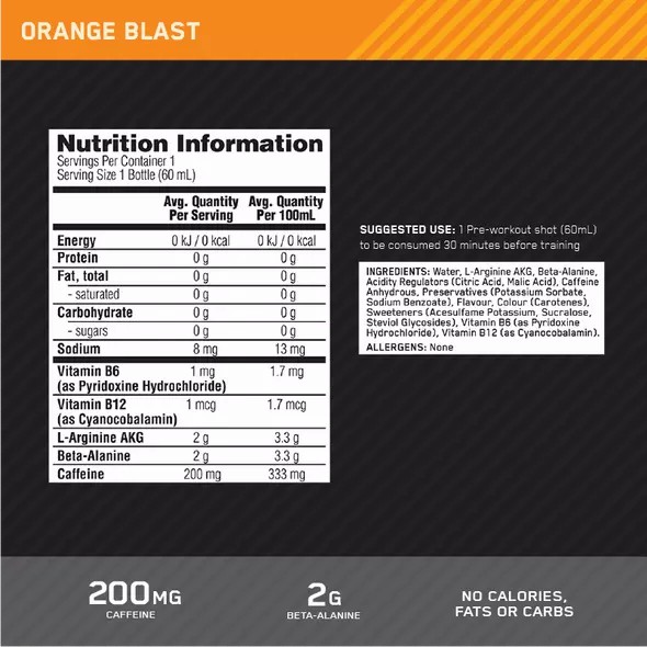 Optimum Nutrition Pure Pre 200 Pre-Workout Shot Orange 60ml (12 shots) | 670531-BVI