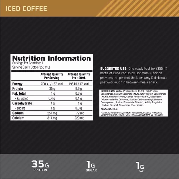 Optimum Nutrition Pure Pro 35 Coffee 355ml (6 bottles) | 705942-KFM