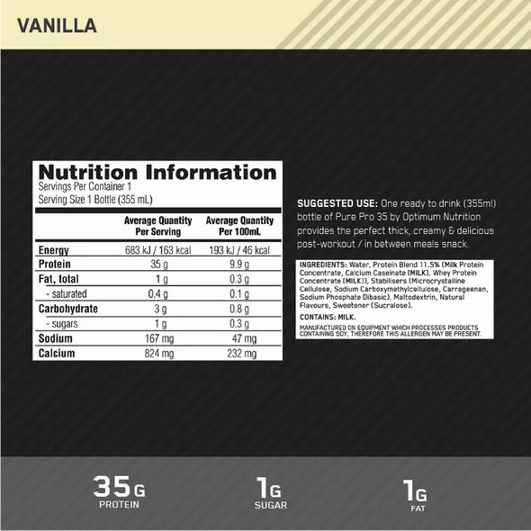 Optimum Nutrition Pure Pro 35 Vanilla 355ml (6 bottles) | 654279-BQS