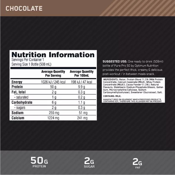 Optimum Nutrition Pure Pro 50 Chocolate 508ml (12 bottles) | 253801-ZHI